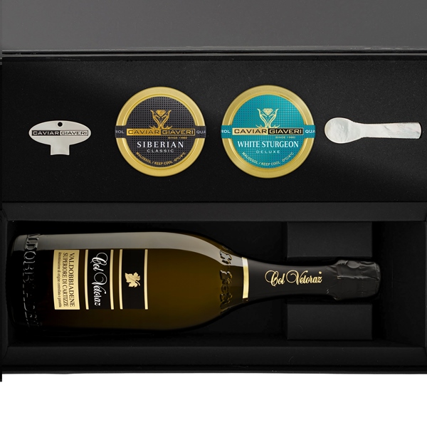 Giaveri siberian classic e white sturgeon + Cartizze – LOW Festività con il perlage Col Vetoraz e le perle di caviale Giaveri