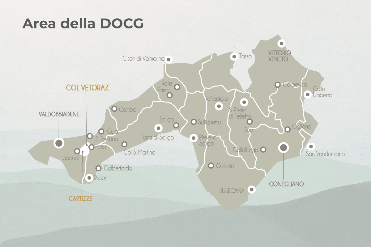 Conegliano Valdobbiadene Prosecco Superiore DOCG: terreni e microclima delle colline Mappa dell'area della DOCG