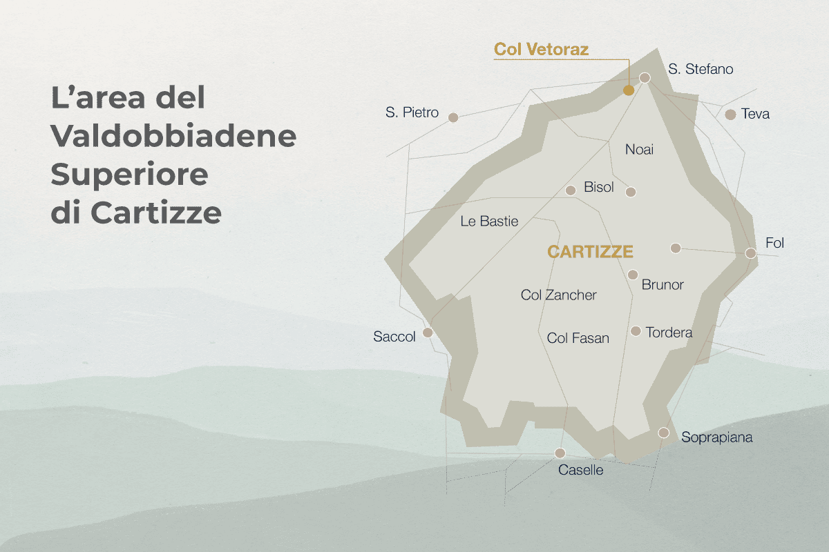 Conegliano Valdobbiadene Prosecco Superiore DOCG: terreni e microclima delle colline Mappa dell'area del Valdobbiadene Superiore di Cartizze
